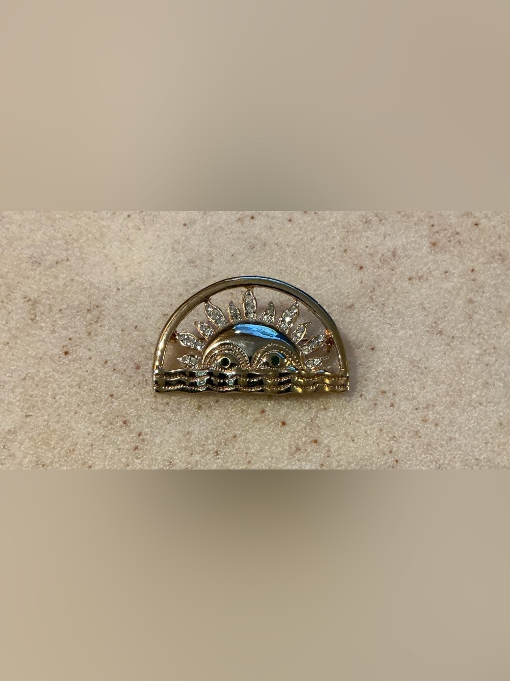 Gold Sunburst Crystal Accent Brooch - Gold Tone